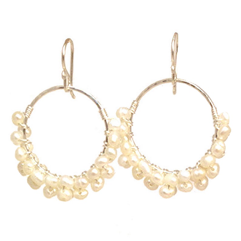 Small Hammered Hoop Earrings With Wrapped Ivory Pearls - Etsy