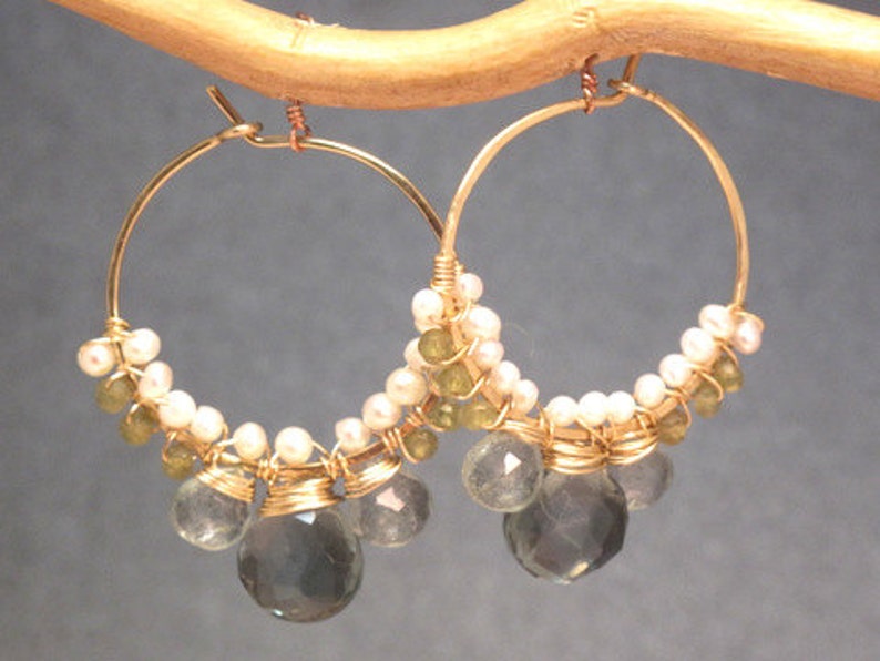 Hoop earrings, ivory pearls, green garnet, quartz, gold, silver, rose gold, boho, bohemian, gypsy Cleopatra 112 image 2