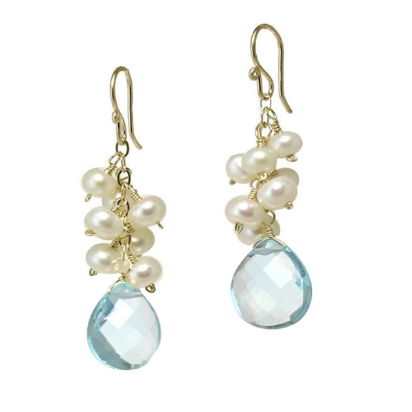 Ivory freshwater pearls swiss blue topaz drop earrings Princess 201