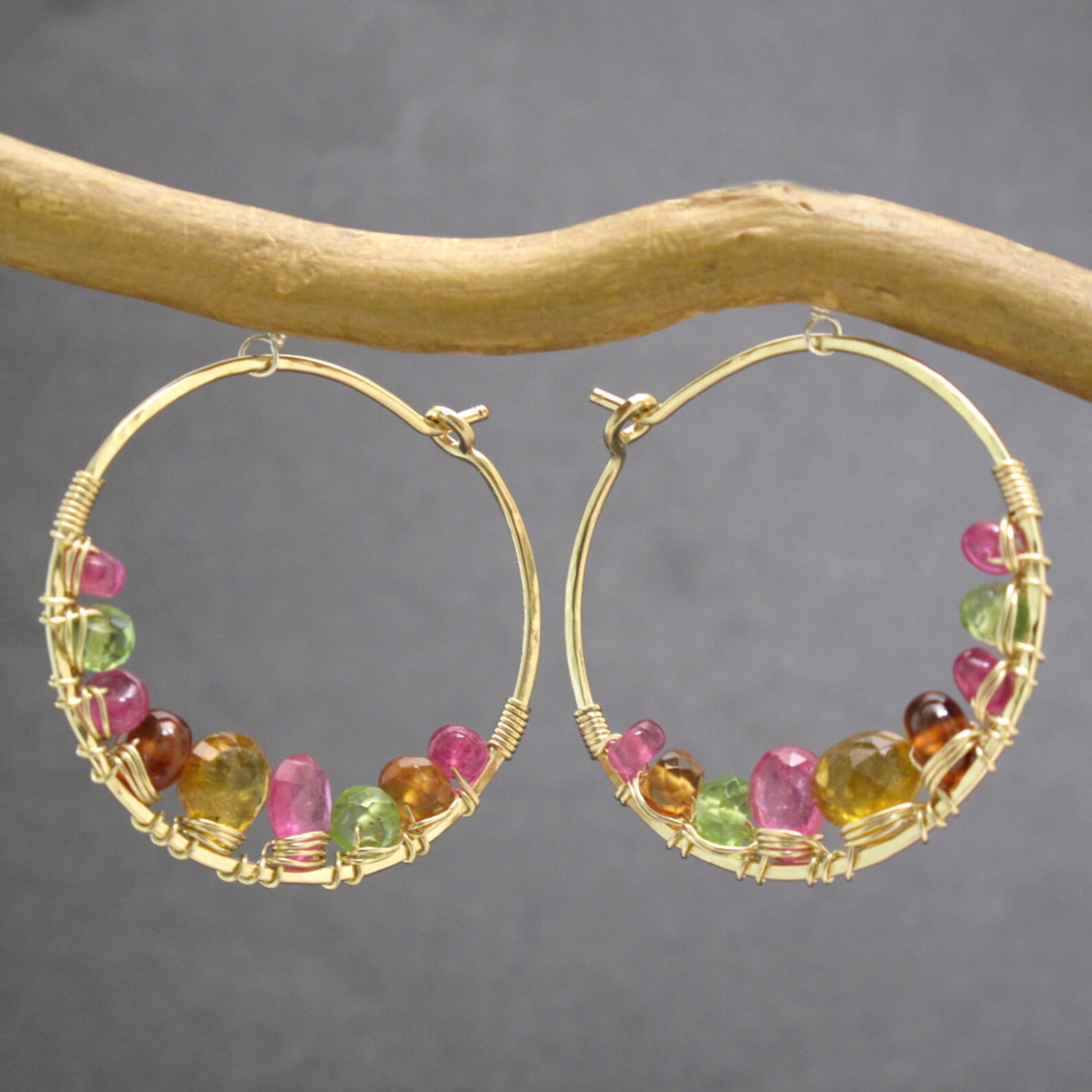 Hammered Hoops With Citrine Mandarin Peridot Etsy