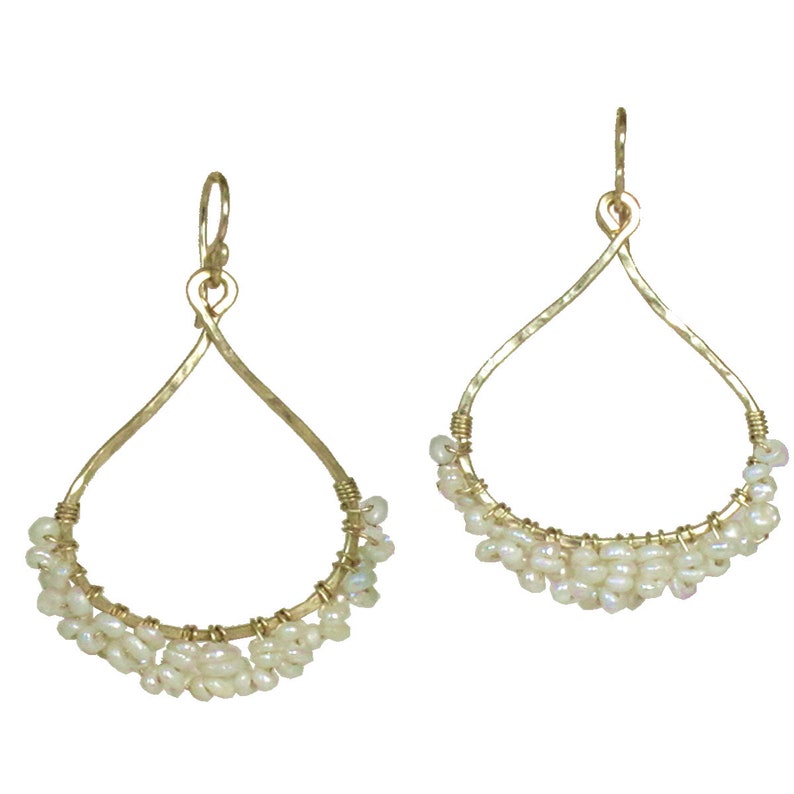 Hammered Drop Hoops Wrapped With Ivory Pearls Cosmopolitan 44 - Etsy