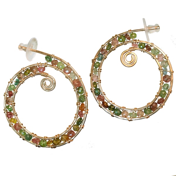 Hammered spiral gemstone hoops, nautilus spiral, choice of stone, Cleopatra 95