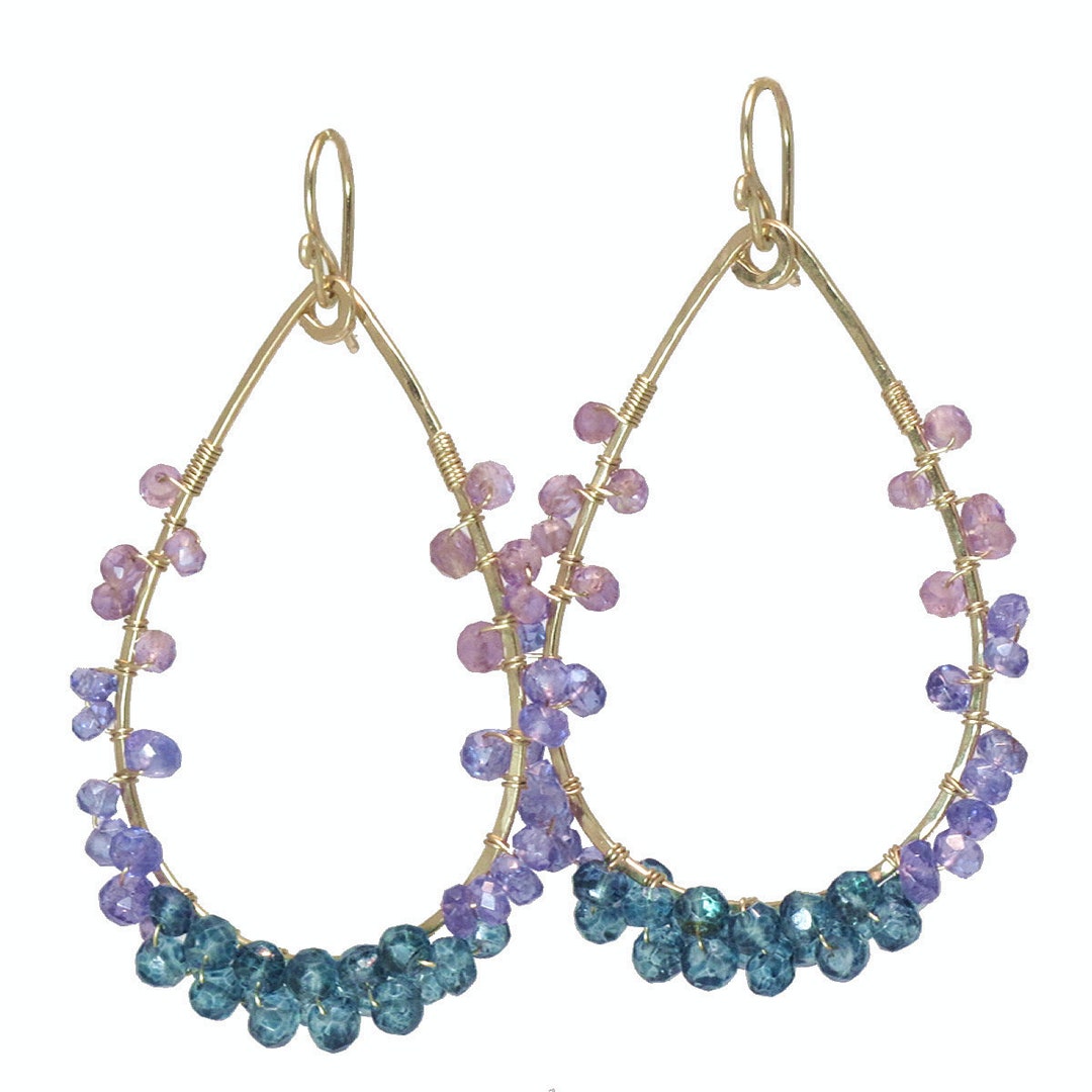 Hammered Drop Hoops With Gemstone Choice Luxe Bijoux 32 Etsy