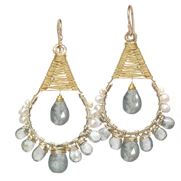 Hammered hoops with pearls, peridot, moss aquamarine Siren 191