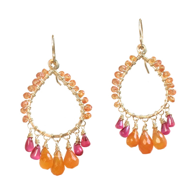 Hammered drop hoop earrings pink tourmaline, mandarin garnet Aphrodite 53 image 1