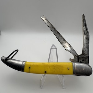 Vintage Sabre 624 nóż wędkarski składany z wykałaczką i skalerem, japoński żółty