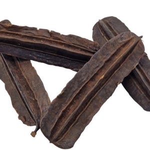 May include: Three dried, dark brown, elongated seed pods with a distinct ridged, winged texture. Each pod features a central seam and a pointed tip, displaying a woody, weathered appearance with a firm, rigid structure and a matte finish.