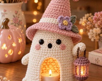 Crochet Ghost Lantern Pattern PDF, Halloween Tealight Holder, Witch Hat Ghost Decor