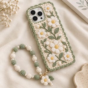 Puede incluir: Una funda para smartphone cubierta de ganchillo color crema con un patrón floral de margaritas blancas, centros amarillos y hojas verdes. La funda presenta un borde verde festoneado y una correa de muñeca a juego hecha de cuentas verdes y crema.