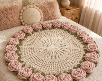 Crochet Rose Rug Pattern PDF, Floral Mandala Rug, Boho Flower Home Decor, Digital Download