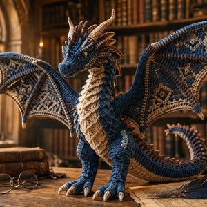 Puede incluir: Una figura de dragón tejida a ganchillo con hilo azul oscuro y crema, con patrones complejos en las alas, cuernos y una cola texturizada. La criatura está de pie con las alas extendidas, mostrando costuras detalladas y escamas.