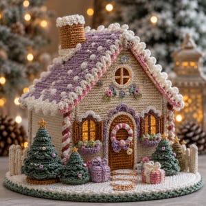 Könnte beinhalten: Ein gehäkeltes Lebkuchenhaus mit violettem Dach und weißem Rand, einem braunen Schornstein und einer zentralen Tür mit Kranz. Das Haus ist mit kleinen grünen Weihnachtsbäumen, verpackten Geschenken und einem weißen Lattenzaun auf einem Sockel dekoriert.