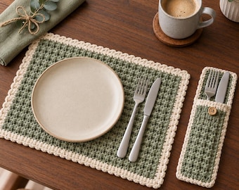 Crochet Placemat and Cutlery Pouch Pattern PDF, Table Mat and Utensil Holder