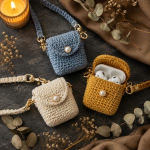 May include: Three crochet cases for wireless earbuds in blue, cream, and mustard yellow. Each case features a flap with a single pearl-like button closure, gold-tone metal hardware, and a matching crocheted strap for carrying the small pouches.