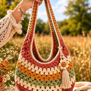 Peut inclure: Un sac hobo en crochet arborant un motif de carrés granny multicolores dans des tons terre cuite, jaune moutarde, vert sauge et crème. Le sac comprend une bandoulière unique et une breloque décorative en forme de fleur avec pompon crème.