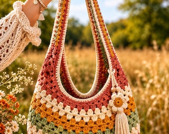 Boho-patroon gehaakte hobo-tas, slouchy-schoudertas, oma stitch-portemonnee, tas met bloemenprint