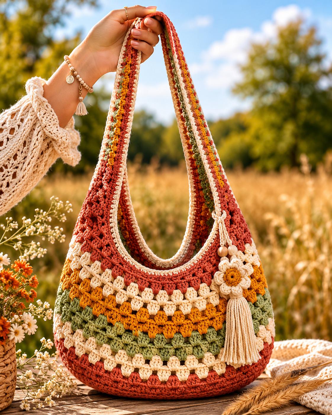 30 Crochet Purses and Bags To Make at Home: Fresh Patterns for Everyday Carryalls 32 Boho Hobo Bag with Fringe