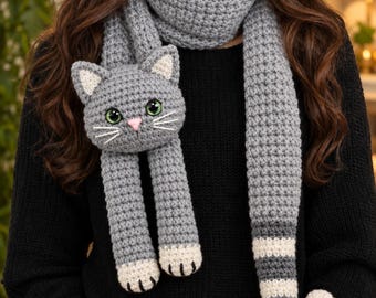 Crochet Cat Scarf Pattern PDF, Kitty Animal Scarf, Cat Lover Gift (Digital Download)