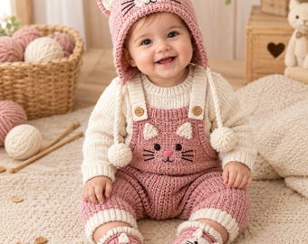 Crochet Baby Cat Outfit Pattern PDF, Romper Hat & Booties