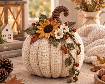 Crochet Pumpkin Pattern PDF, Floral Sunflower Autumn Decor (Instant Download)
