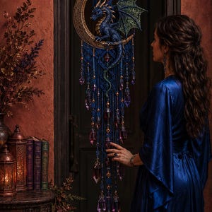 Modèle PDF de capteur de rêves dragon au crochet | Décoration murale lune fantastique | Téléchargement instantané
