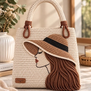 May include: A cream-colored crochet handbag featuring a brown and black hat design with long brown hair. The bag has a sturdy handle and a small brown leather-like tag with the word Handmade printed on the bottom left corner of the front panel.