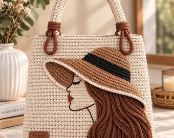 Crochet Woman Tote Bag Pattern PDF, Lady Face Handbag, Sun Hat Purse, Instant Download