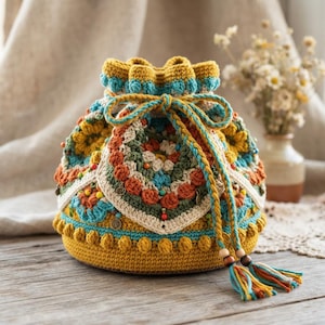May include: A crochet drawstring bucket bag featuring a multi-colored granny square pattern in shades of mustard yellow, teal, rust orange, and cream. The bag includes a textured bobble stitch base, decorative beads, and long braided tassels.