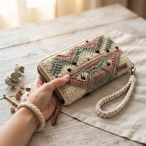 May include: A rectangular crochet wallet featuring a geometric pattern in cream, sage green, and dusty rose yarn. The wallet includes a braided wrist strap, a metal zipper closure, small dark wooden beads, and a small tag labeled handmade.