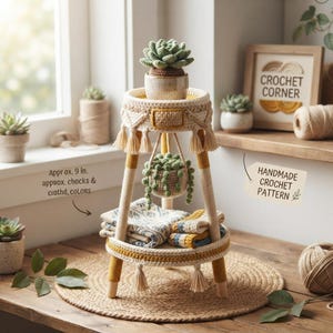 May include: A two-tiered crochet plant stand with cream and mustard yellow yarn accents, featuring a hanging crochet succulent, a potted crochet succulent on top, and folded patterned textiles on the bottom shelf, measuring approx. 23 cm.