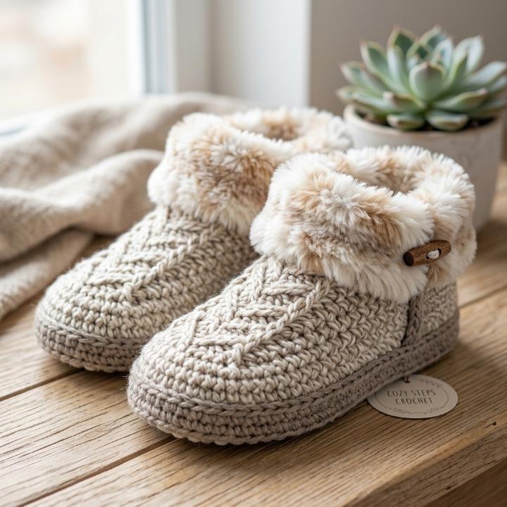Crochet Booties Pattern – Faux Fur Cuff, Toggle Detail (Digital PDF Download)