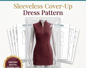 May include: A PDF sewing pattern for a sleeveless cover-up dress featuring a high collar and a front zipper. The design includes a textured geometric pattern in a deep maroon color. The digital file includes multi-size options from S to XL.