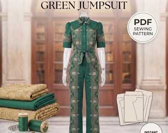 Könnte beinhalten: Ein grüner Jumpsuit mit spitzenartigem Muster, kurzen Ärmeln, Kragen und Bindegürtel. Der Text lautet THE LACE-PATTERNED GREEN JUMPSUIT, PDF SEWING PATTERN, INSTANT DOWNLOAD und SIZES US 0-16 / ALL VIEW OPTIONS. Enthält Stoff und Schnittmusterteile.