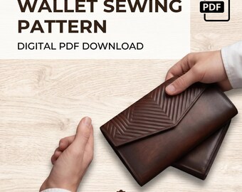 May include: A digital PDF sewing pattern for a wallet, featuring text that reads WALLET SEWING PATTERN DIGITAL PDF DOWNLOAD. The image displays a dark brown leather wallet with a chevron-stitched flap and a smooth lower section.