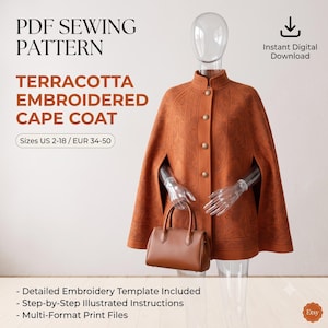 テラコッタケープコートの縫製パターンPDF、ダブルブレスト刺繍マントパターン、女性用テーラードポンチョデジタルダウンロード、サイズ2-18、