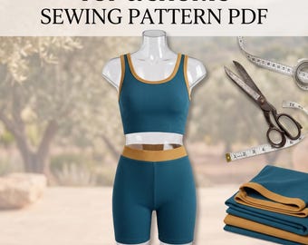 Puede incluir: Un conjunto de camiseta sin mangas y pantalones cortos acanalados en azul verdoso y amarillo mostaza sobre un maniquí, con tijeras de costura y una cinta métrica. El texto dice TOP & SHORTS SEWING PATTERN PDF y Digital Download / Sizes XXS-XXL.