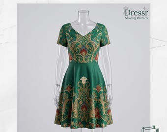 May include: A green dress with a V-neckline and short sleeves, featuring a repeating gold, red, and blue floral paisley pattern. The text DRESS SEWING PATTERN PDF and DIGITAL DOWNLOAD are visible. A Dressr Sewing Pattern logo is in the corner.