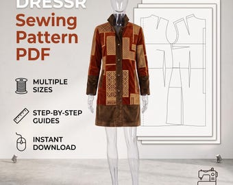 May include: A digital sewing pattern for a knee-length coat displayed on a mannequin. The coat features a patchwork design in shades of brown and orange with a high collar and front button closure. The image includes text: DRESSR Sewing Pattern PDF, Multiple Sizes, Step-by-Step Guides, Instant Download, and Beginner Friendly.