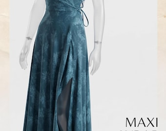 May include: A teal maxi wrap dress with a floral pattern, thin spaghetti straps, and a high leg slit. The text on the image reads: MAXI WRAP DRESS PDF SEWING PATTERN INSTANT DOWNLOAD. A tan high-heeled sandal is placed at the base of the dress.