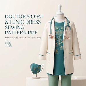 May include: A doctor's coat and tunic dress sewing pattern PDF for sizes 2T-12. The display shows a cream-coloured coat with teal trim over a teal tunic featuring a gold caduceus and ginkgo leaf print, a matching face mask, and a stethoscope.