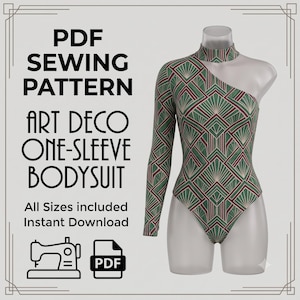 Könnte beinhalten: Ein PDF-Schnittmuster für einen Art-Déco-Body mit einem Ärmel und einem geometrischen Fächermuster in Grün, Kastanienbraun und Creme. Der Text lautet: PDF SEWING PATTERN, ART DECO ONE-SLEEVE BODYSUIT, All Sizes included, Instant Download und PDF.