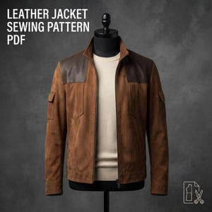 May include: A brown suede jacket with dark brown leather shoulder panels, a front zip, and two chest pockets. The text LEATHER JACKET SEWING PATTERN PDF is visible in the upper left corner, and a small scissors icon is in the bottom right.