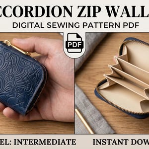 May include: An accordion zip wallet digital sewing pattern PDF. The wallet is dark blue with an embossed floral pattern on the exterior and a light beige interior with multiple card slots. The design features a gold-tone zipper closure.
