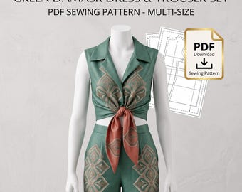 May include: A green damask dress and trouser set PDF sewing pattern featuring a sleeveless collared top with a front tie and matching trousers. The fabric displays a repeating damask pattern in muted tones. Text reads: GREEN DAMASK DRESS & TROUSER SET PDF SEWING PATTERN - MULTI-SIZE and PDF Download Sewing Pattern.