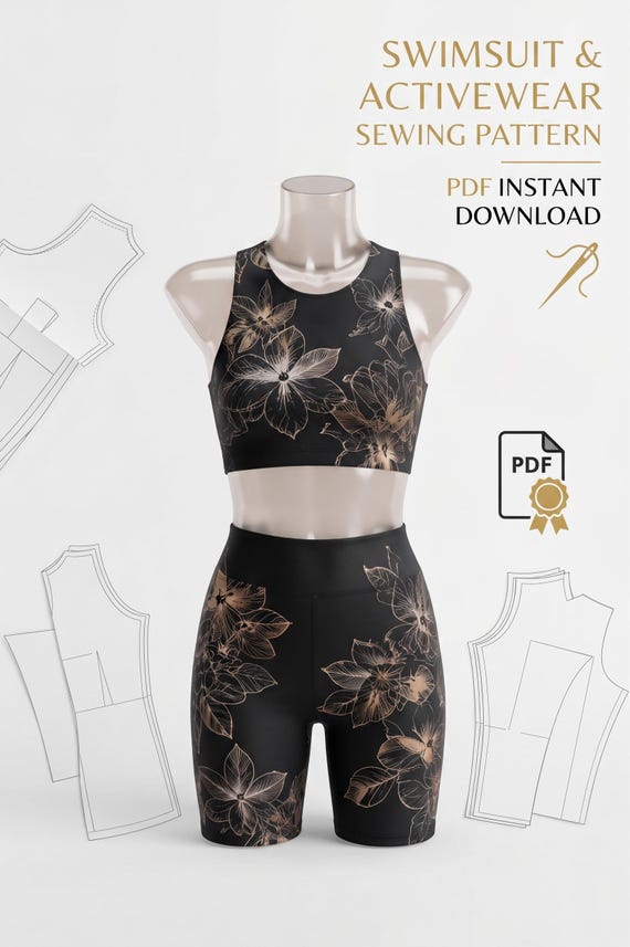 Swimsuit Sewing Pattern PDF - Activewear Crop Top and Biker Shorts Set, Beginner Friendly Athletic Gym Wear Template, Floral Fitness PDF