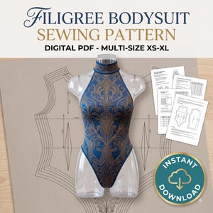 May include: A digital PDF sewing pattern for a filigree bodysuit in sizes XS-XL. The image displays a clear mannequin wearing a blue bodysuit with a gold filigree pattern, high neck, and high-cut leg, alongside printed pattern instruction sheets.