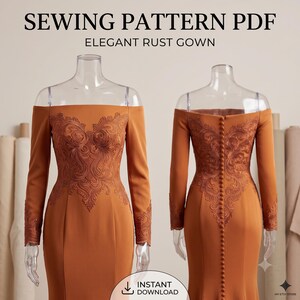 May include: A digital sewing pattern for a rust-colored gown featuring an off-the-shoulder neckline, long sleeves, and intricate embroidery on the bodice. The back view displays a vertical row of fabric-covered buttons extending down the center.