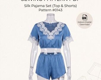 Silk Pajama Set Sewing Pattern PDF, Elegant Lounge Wear Top and Shorts DIY Template, Instant Downloadable Sleepwear Sewing Project, Professi