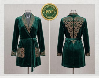 May include: A digital PDF sewing pattern for a dark green velvet robe featuring gold-toned embroidery on the lapels, cuffs, and pockets, with a large ornate floral design on the back. The robe includes a matching tie belt and long sleeves.