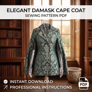 May include: A double-breasted cape coat in emerald green with a silver damask pattern, featuring a notched collar and four buttons. The text reads ELEGANT DAMASK CAPE COAT SEWING PATTERN PDF, INSTANT DOWNLOAD, and PROFESSIONAL INSTRUCTIONS.